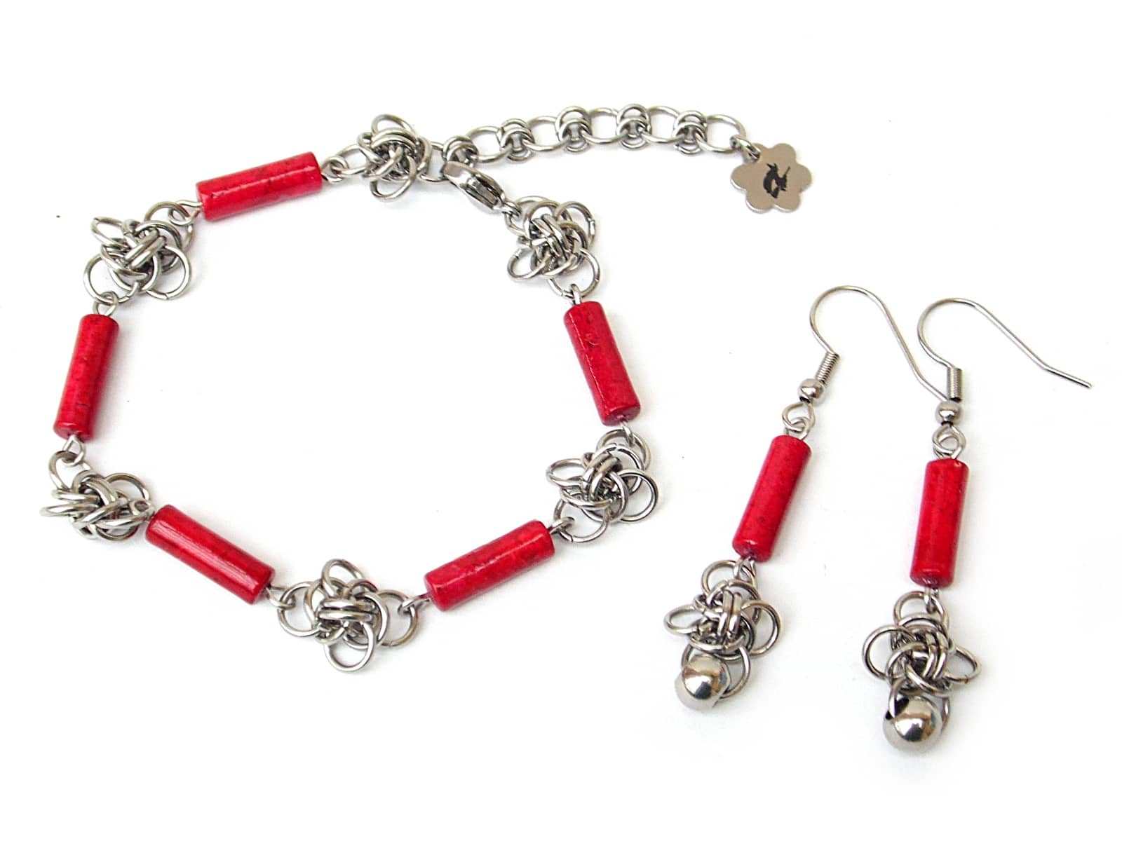 Komplet chainmaille (bransoletka i kolczyki) z pałeczkami czerwonego marmuru