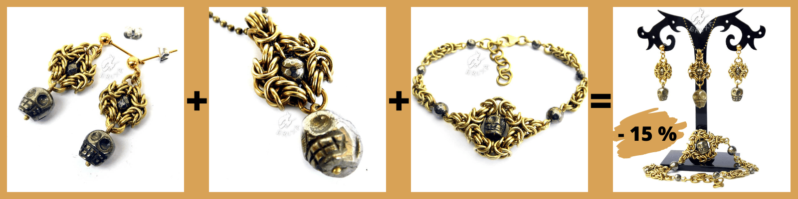 Kolczyki+naszyjnik+bransoletka=zestaw biżuterii mosiężnej z pirytowymi czaszkami 15% taniej